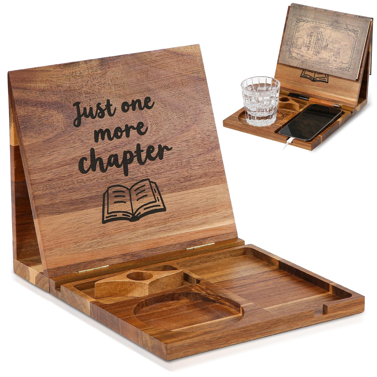 Book Holder Stand for Reading Rest, Wooden Foldable Book Rest with Book Page Holder, Cup, iPad & Phone Stand, Book Nook Reading Valet Desktop Triangle Bookstand Bookshelf for Readers Bookworms Gifts