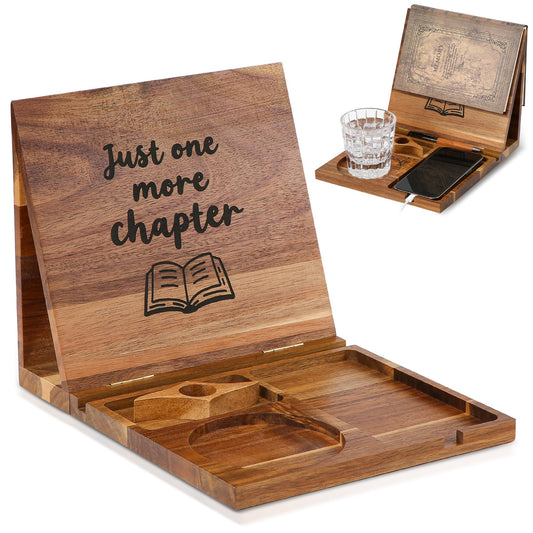Book Holder Stand for Reading Rest, Wooden Foldable Book Rest with Book Page Holder, Cup, iPad & Phone Stand, Book Nook Reading Valet Desktop Triangle Bookstand Bookshelf for Readers Bookworms Gifts