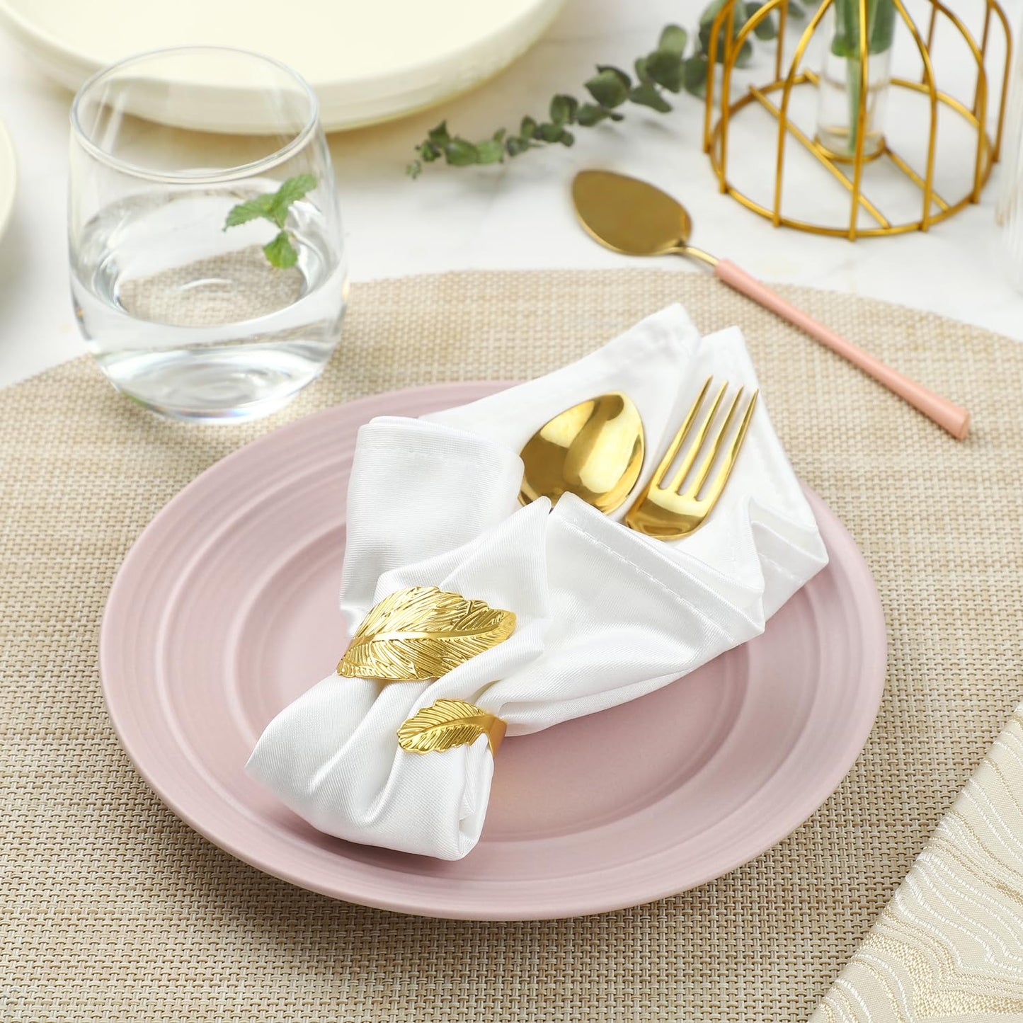 MONKKINO Napkin Rings Set of 12, Shiny Gold Napkin Rings, Smooth, Easy Care, Solid Metal Laurel Leaf Shaped Elegant Table Decor, Stylish Napkin Ring Bulk for Holidays Wedding, Party, New Homes Gift