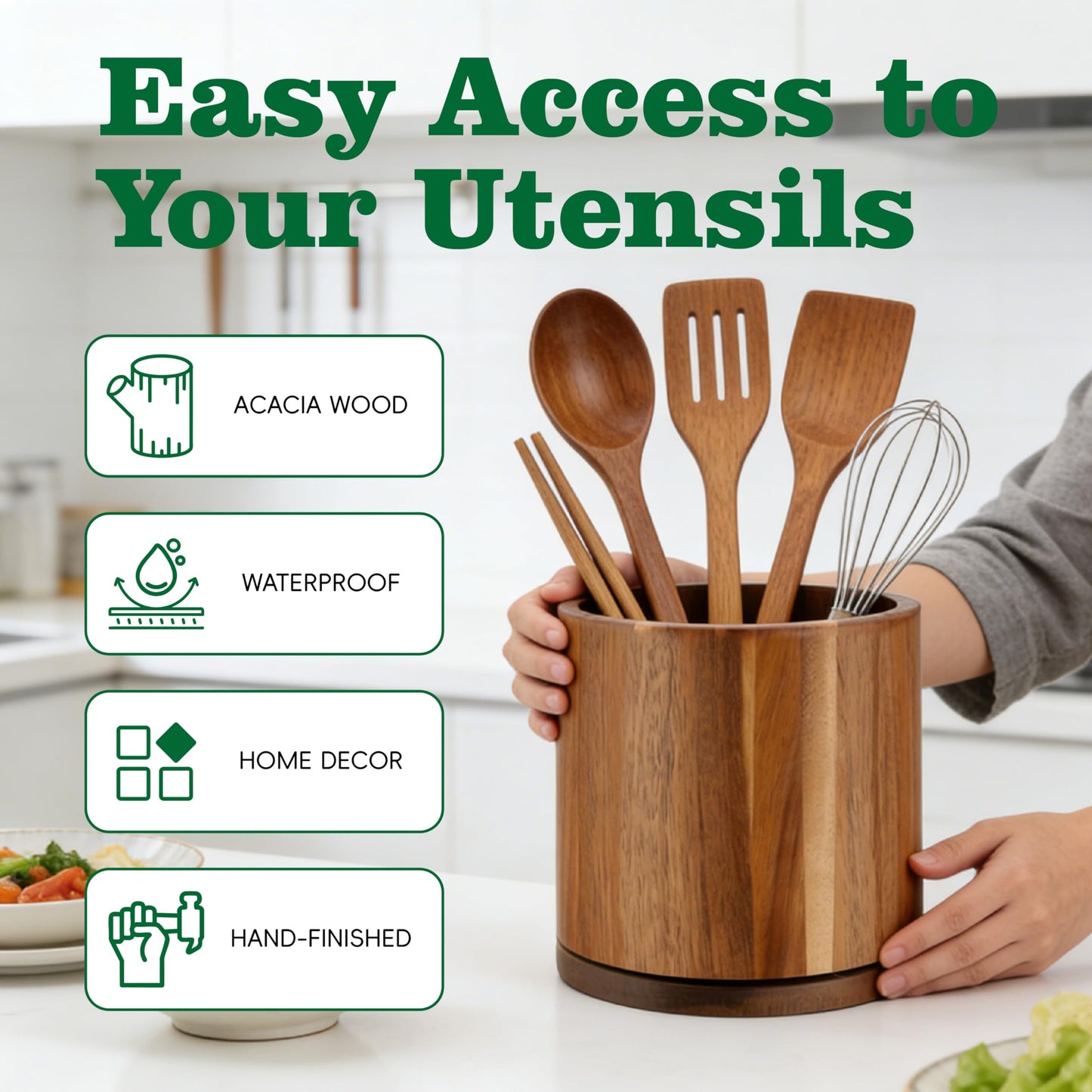 Cyrabota Acacia Wood Utensil Holder 360°Rotating Anti-Tip Design for Kitchen Counter,Cooking Utensil Crock for Countertop , Large Utensil Organizer for Spatula