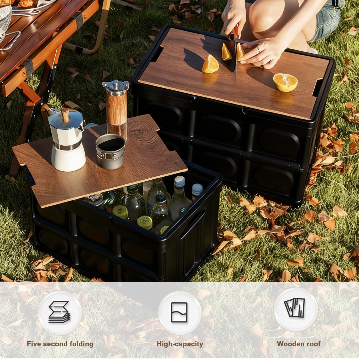 CTESNE【3-in-1 Wooden Lid 32L Storage Bins with Lids and Handle，Portable Foldable Storage Box ，Plastic Stackable Storage Bins for Camp Car RV, Office (Black)