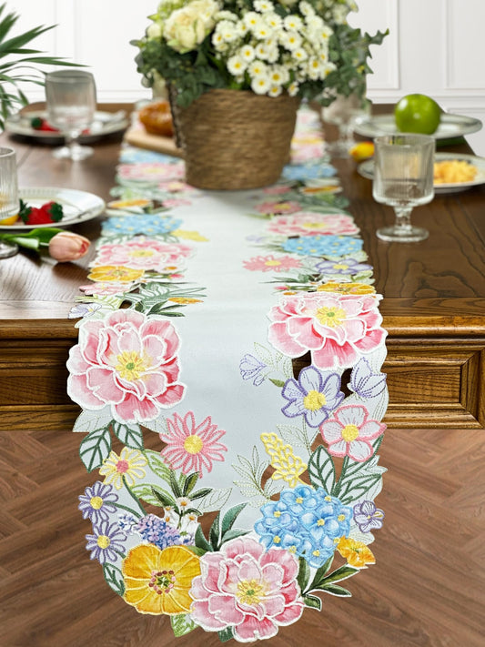KEVA Floral Spring Table Runner 13x72inch, Flower Cutwork Embroidered Table Runner & PLACEMAT, Easter Seasonal Spring Table Decorations for Kitchen Dining Table (13x72')