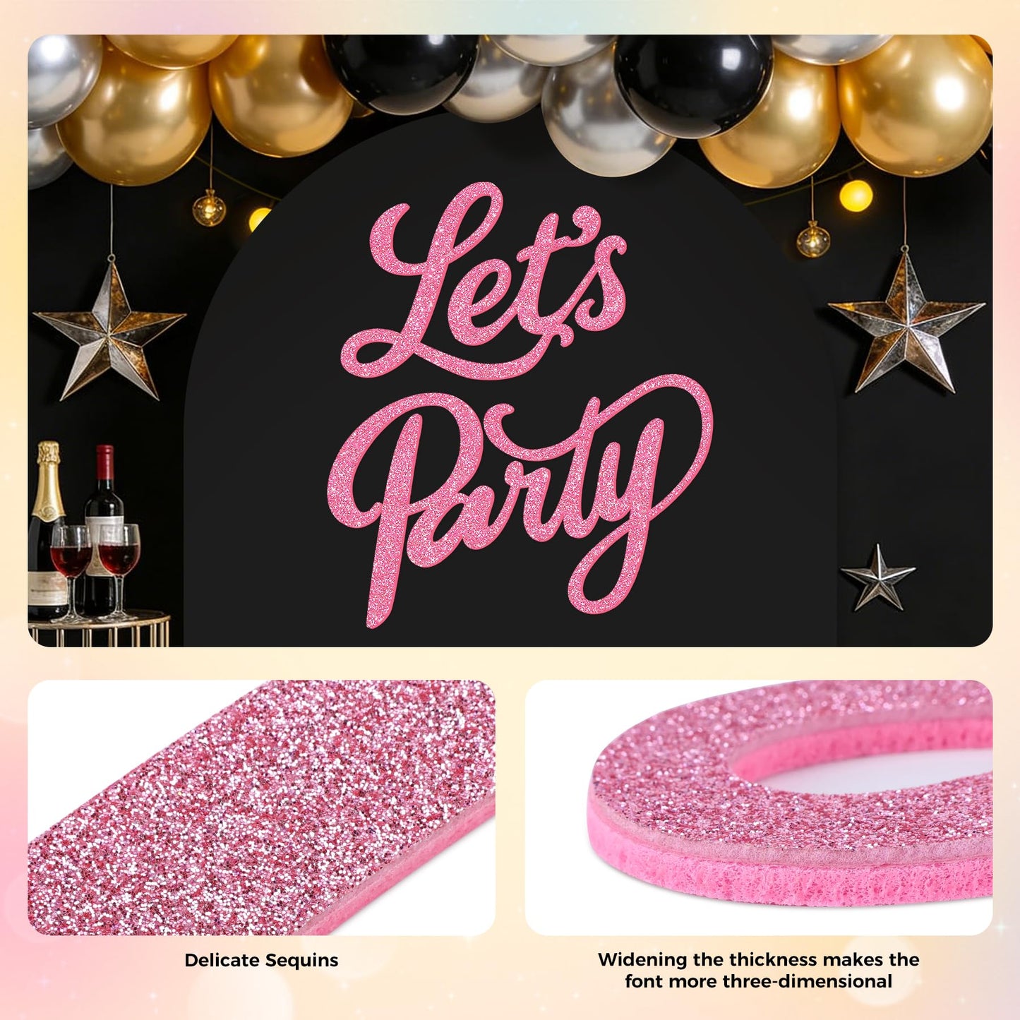 Babenest Let's Party Felt Sign, Flash Pink Reusable Glitter Letter Banner for Backdrop, Balloon Arch Decor, Party Supplies for Graduation, Birthday, Wedding, Bachelorette, Christmas, Home Bar, Man Cave Wall Decorations