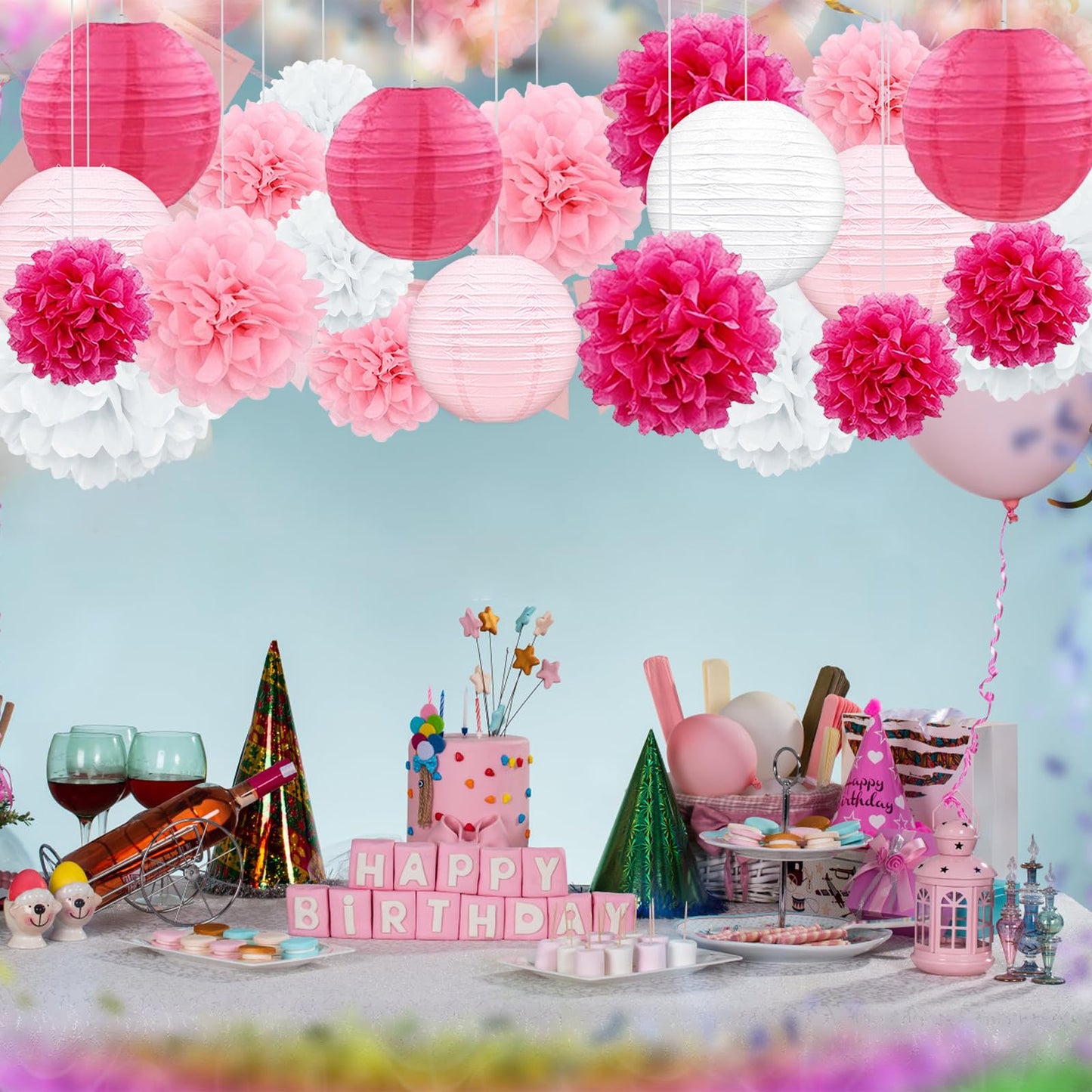 Celehappy Pink Paper Lanterns - Party Decorations Tissue Pom Poms for Weddings Birthdays - 18pcs Hanging Lanterns - Pink/White/Rose