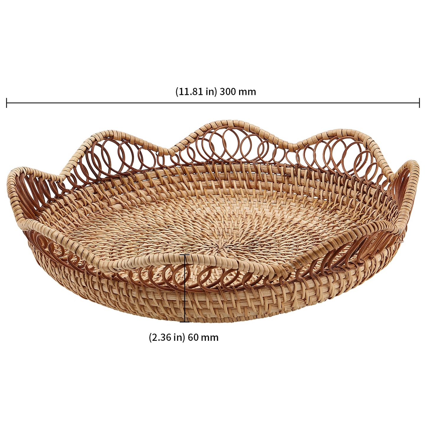 KEILEOHO 2 PCS Rattan Fruit Basket, Rattan Fruit Bowl for Serving, Woven Bread Basket for Bread, Vegetables, Kitchen Tabletop Display, 11.8 x 2.36 Inch