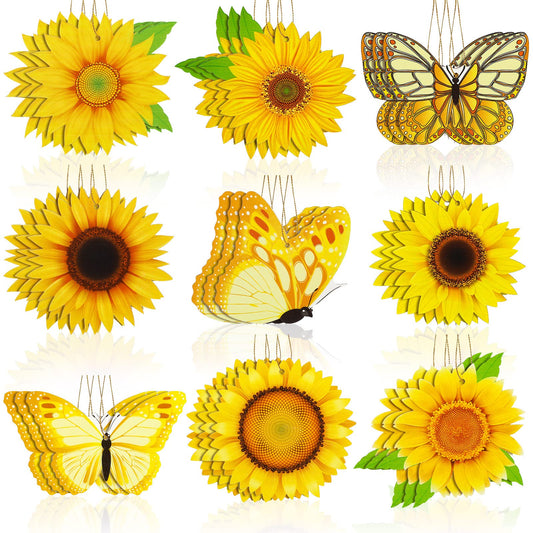 Amyhill 27 Pcs Spring Sunflower Wooden Tree Ornament Set Hanging Butterfly Tree Decoration with Rope Pendant Hanging Tag Wood Cutout Decoration for Home Birthday Party Supplies