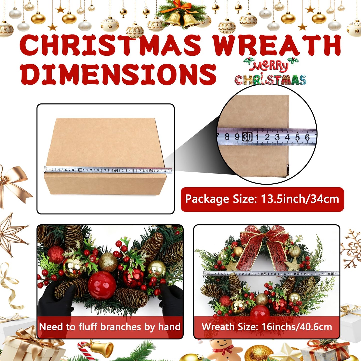TXRXIZ 16 Inch Pre-Lit Christmas Door Wreath with Timer & Hanger & 50LED Warm Lights, Decor with Bow & Golden Ball & Star ect., Artificial Christmas Wreath for Door & Window & Fireplace