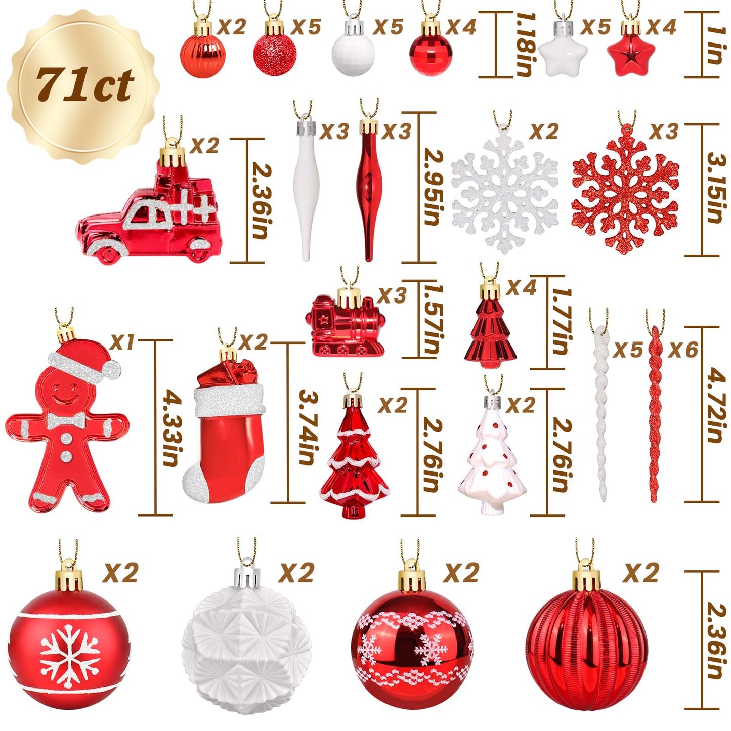 FestiveBliss Christmas Ornaments 71 Count, Christmas Balls, Christmas Decorations for Tree, 23, Shatterproof Christmas Ornaments, Red and White Ornaments, Plastic Ornaments