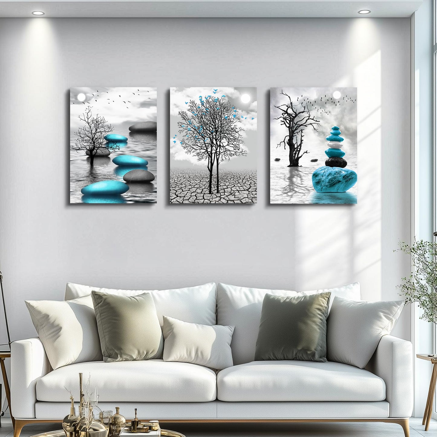 DZRWUBHS Abstract Wall Art for Living Room，3 Piece Modern Canvas Artworks Stones in The Water Zen Wall Decor Minimalist Meditation Picture Painting Prints for Bedroom Bathroom Hallway Home Office