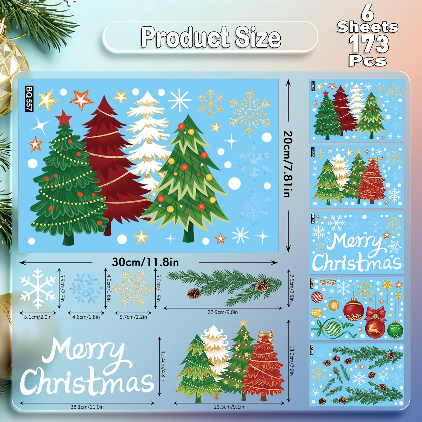 Merry Christmas Window Clings - 5 Sheets 173 Pcs Winter Holiday Window Stickers Christmas Tree Pine Branches Snowflake Decal for Glass Windows for Xmas Classroom Home Office Shop Display