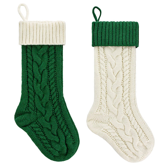 PETOX 2 Pack 18" Personalized Christmas Stockings, 18inch Large Cable Knitted Xmas Hanging Stocking Decorations for Holiday Christmas Party Family Decor (Lvory/Green)