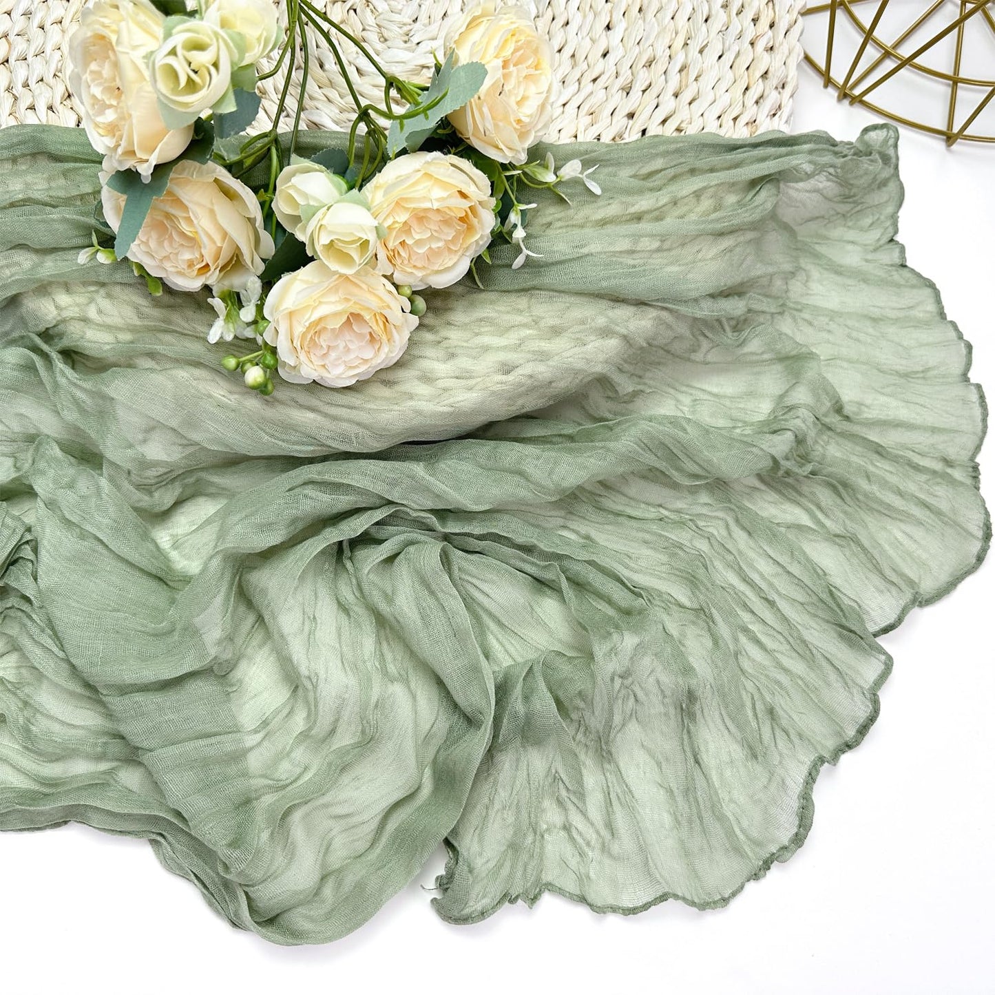 Booque Valley 3 Pack Sage Green Cheesecloth Table Runner 10ft Super Soft Boho Wrinkled Gauze Sheer Cloth for Baby Shower Baptism Birthday Party Wedding Centerpiece Table Decoration, 35x120 Inch