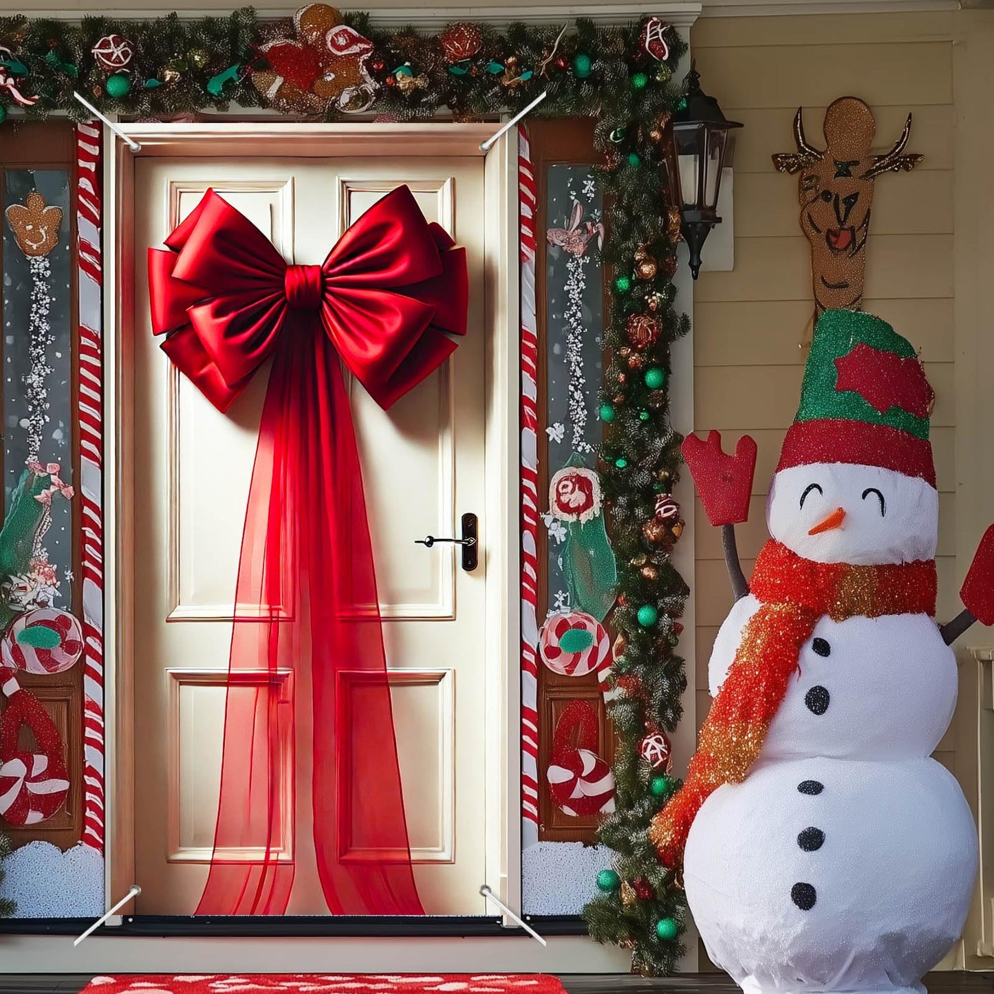 BlissYard Giant Red Bow Christmas Door Cover 35x71 Inch Holiday Entry Banner for Front Door Indoor Outdoor Winter Backdrop Wall Hanging Décor