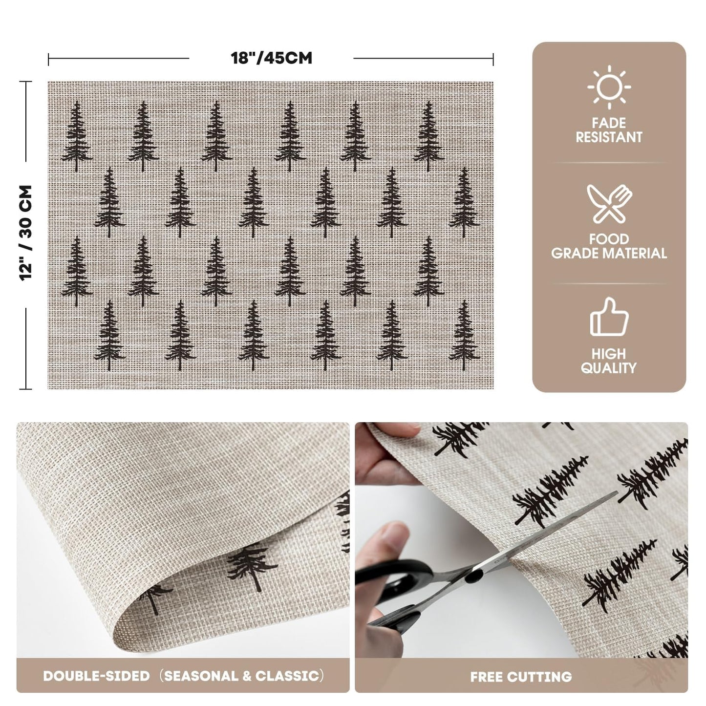 Artoid Mode Xmas Tree Christmas Vinyl Placemats Set of 4, 12x18 Inch Wipeable Winter PVC Woven Table Mats for Party Kitchen Dining Decor