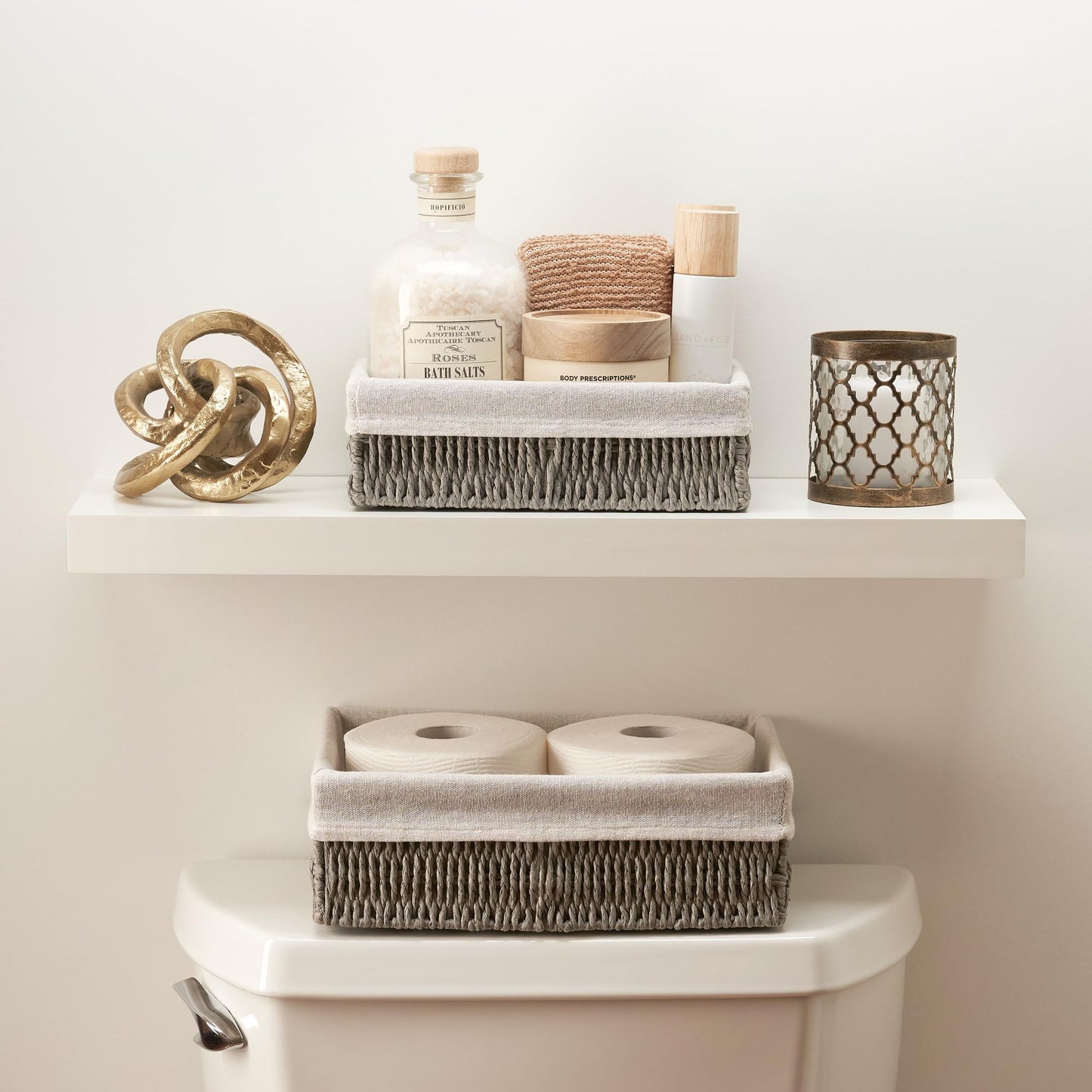 Beautiful Toilet Paper Storage Basket Set of 2 – Decorative Wicker Bathroom Organizer for Toilet Tank Trays - Quality Holder Bin for Shelves Fits Perfectly with Any Bathroom Decor