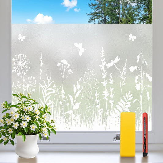 Niviy White Flowes Butterfly Window Clings Spring Summer Window Decals Frosted Glass Window Film Decorative Patterns, Non-Adhesive Reusable Sunroof Decal for Car and Home (Flower, 17.5 x 78.7 in)