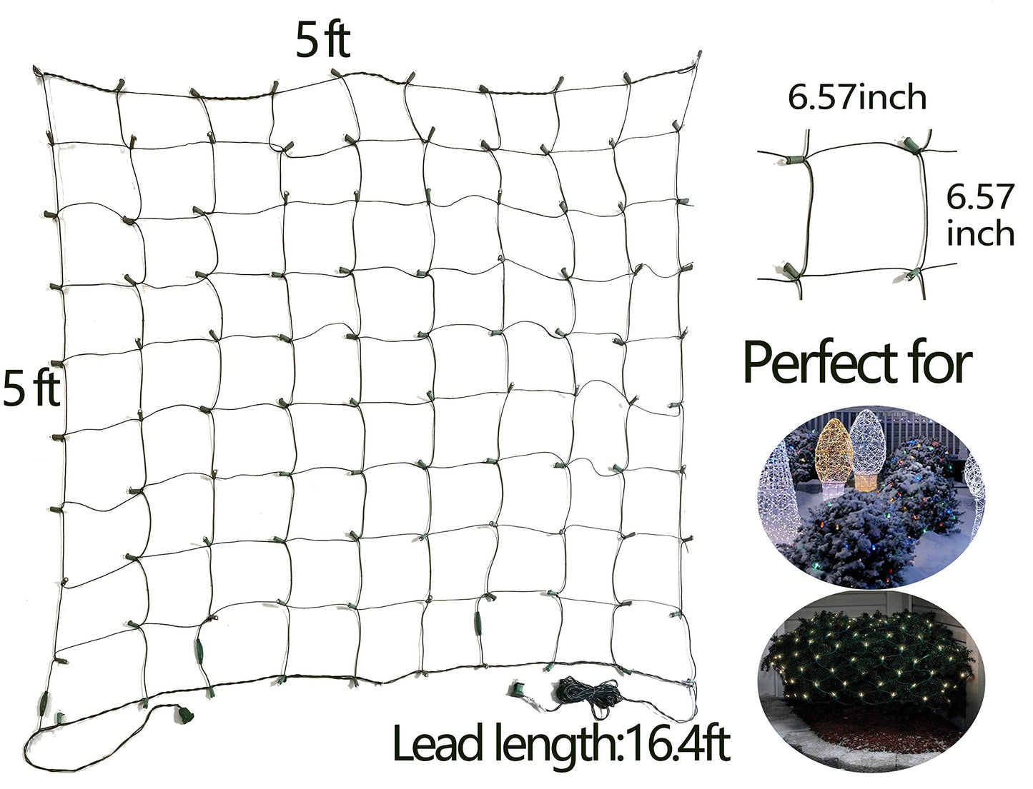100 LED Christmas Lights 5 ftx5ft Christmas Net Lights Outdoor Indoor Mesh Christmas Decorations Lights string,Perfect for Bushes or Trees, Green Wire（Warm White）