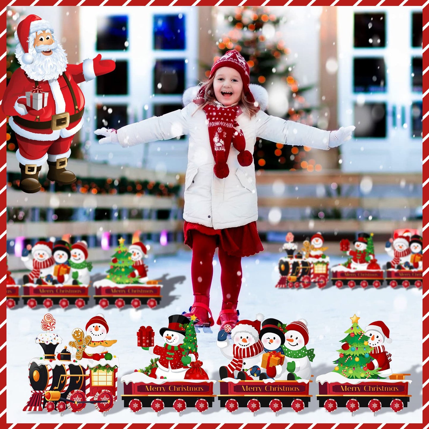 Marsui 4 Pieces Christmas Train Decorations Outdoor Yard Lawn Signs Christmas Tree Gingerbread Santa Snowman Reindeer Train with 8 Stakes for Xmas Holiday Outside Garden Lawn Yard Decor