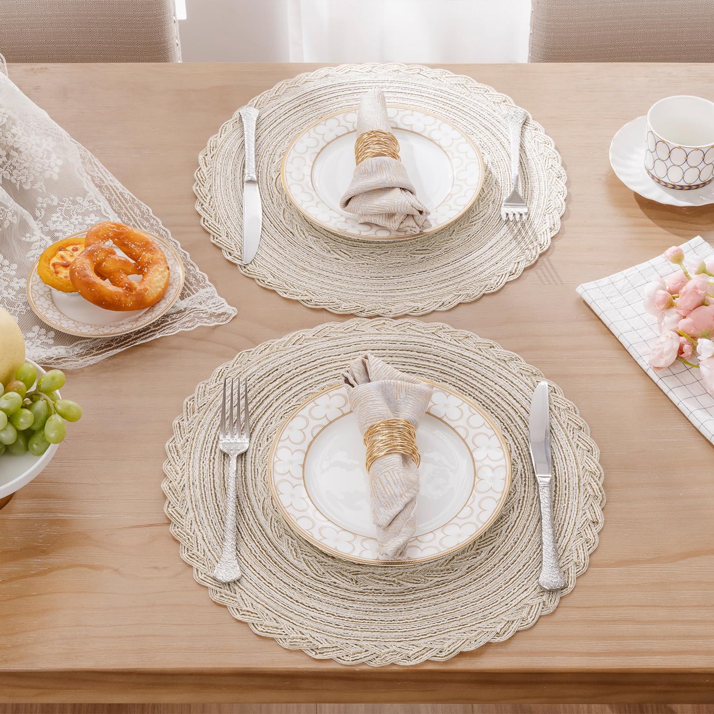 SHACOS Round Placemats Set of 6 Boho Braided Bordered Place Mats 15 inch for Dining Tables Wedding Holiday Party (Ivory Bordered, 6)