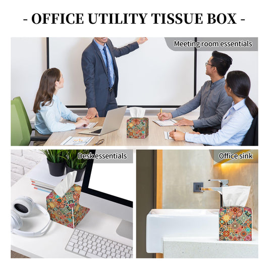 Tissue Box Cover Holder, Vintage Mandala Flowers PU Leather Square Tissue Box Cover Decorative Organizer for Bathroom Kitchen Bedroom Vanity Countertop Night Stands