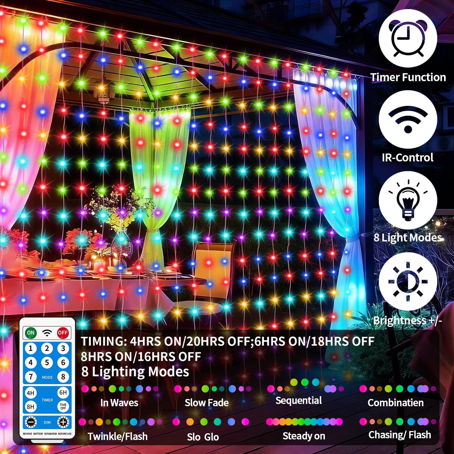 Solar Curtain Lights 10x10Ft 300LED Twinkle Fairy String Lights Multicolor Cool White Dual Color Changing Dimmable Waterproof Remote Timer Memory for Christmas Wedding Pergola Patio Outside
