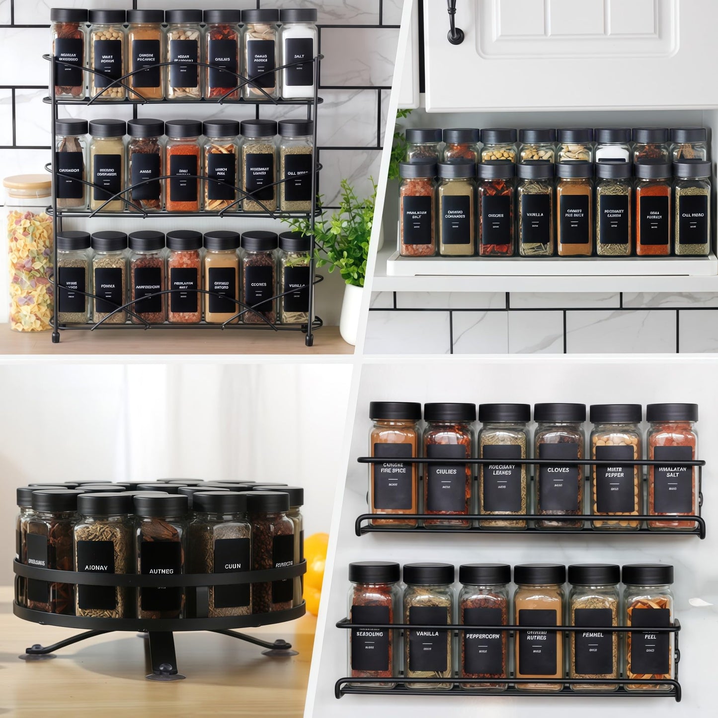 JARXSUN 24Pcs Spice Jars Containers with Labels，4oz Black Seasoning Bottles with Shaker Lids for Rack, Cabinet, Drawer,Empty Square Condiment Pots (24, Black)