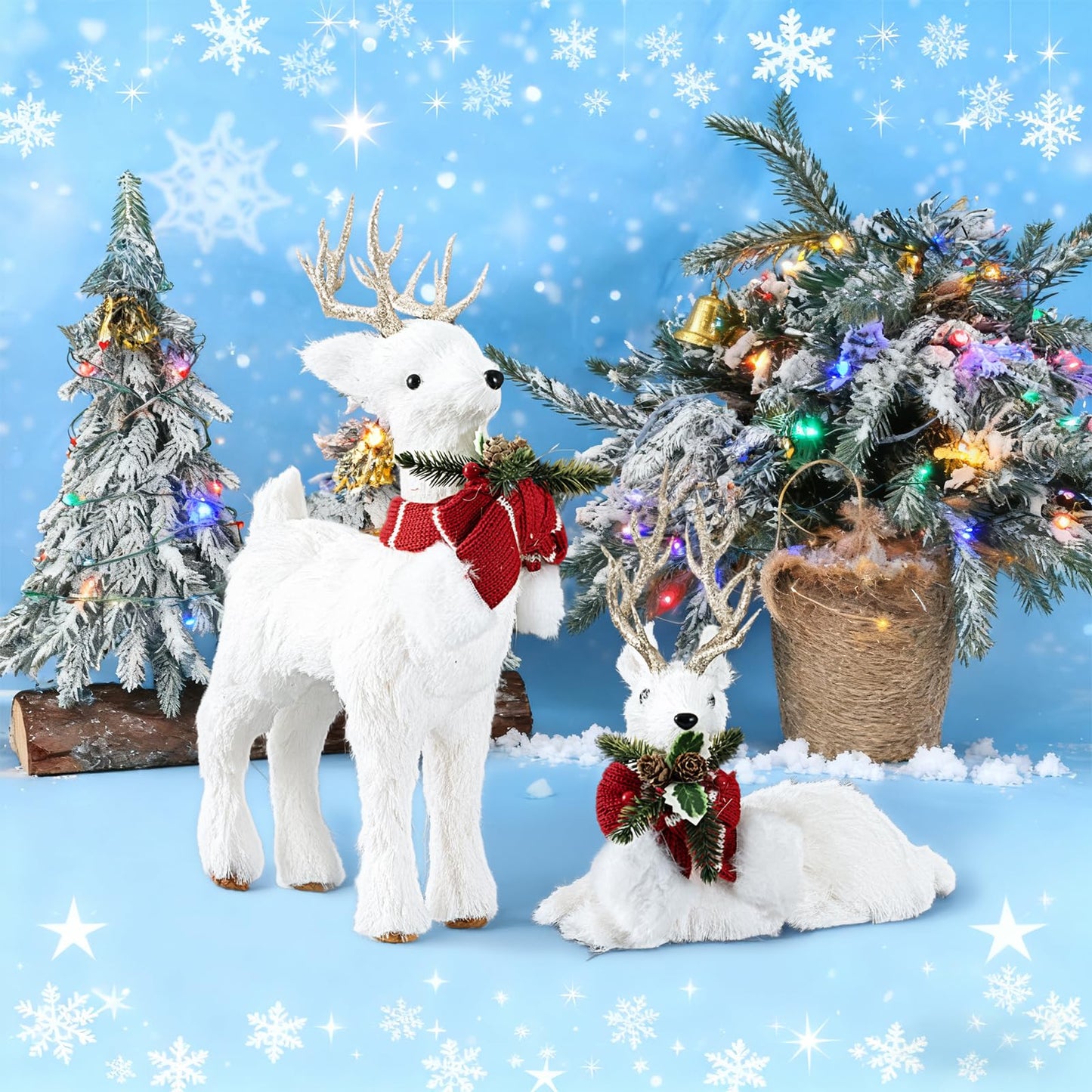 FTEJUWJ 2PCS Christmas Sisal Reindeer Decoration White Sisal Deer Silver Glitter Accented Reindeer Woodland Animals Figurines for Holiday Winter Centerpiece Christmas Tabletop Fireplace Decor (Gold)