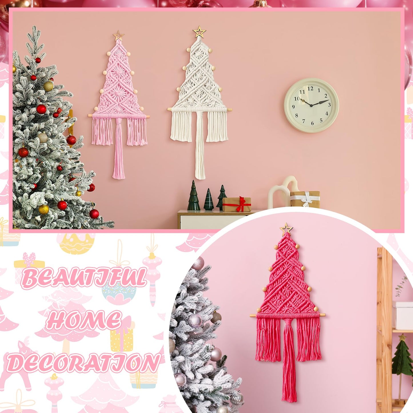 HunnmingRe Pink Christmas Tree 3 Set Macrame Christmas Wall Decoration Hanging Ornaments Boho Wall Decor for Party Supplies(Beige, Light and Dark Pink)