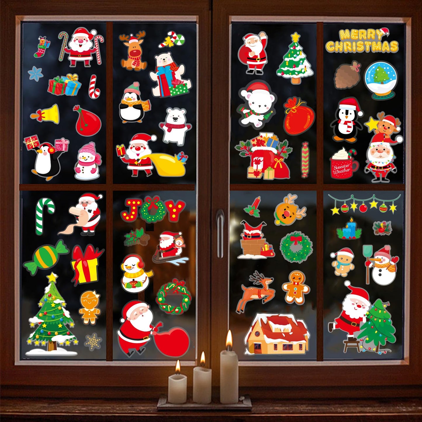 Christmas Wall Decals 124 Pieces Merry Christmas Wall Stickers Santa Snowman Winter Snowflakes Xmas Candy Stickers for Wall Window Door Bedroom Garage Home Office Decor