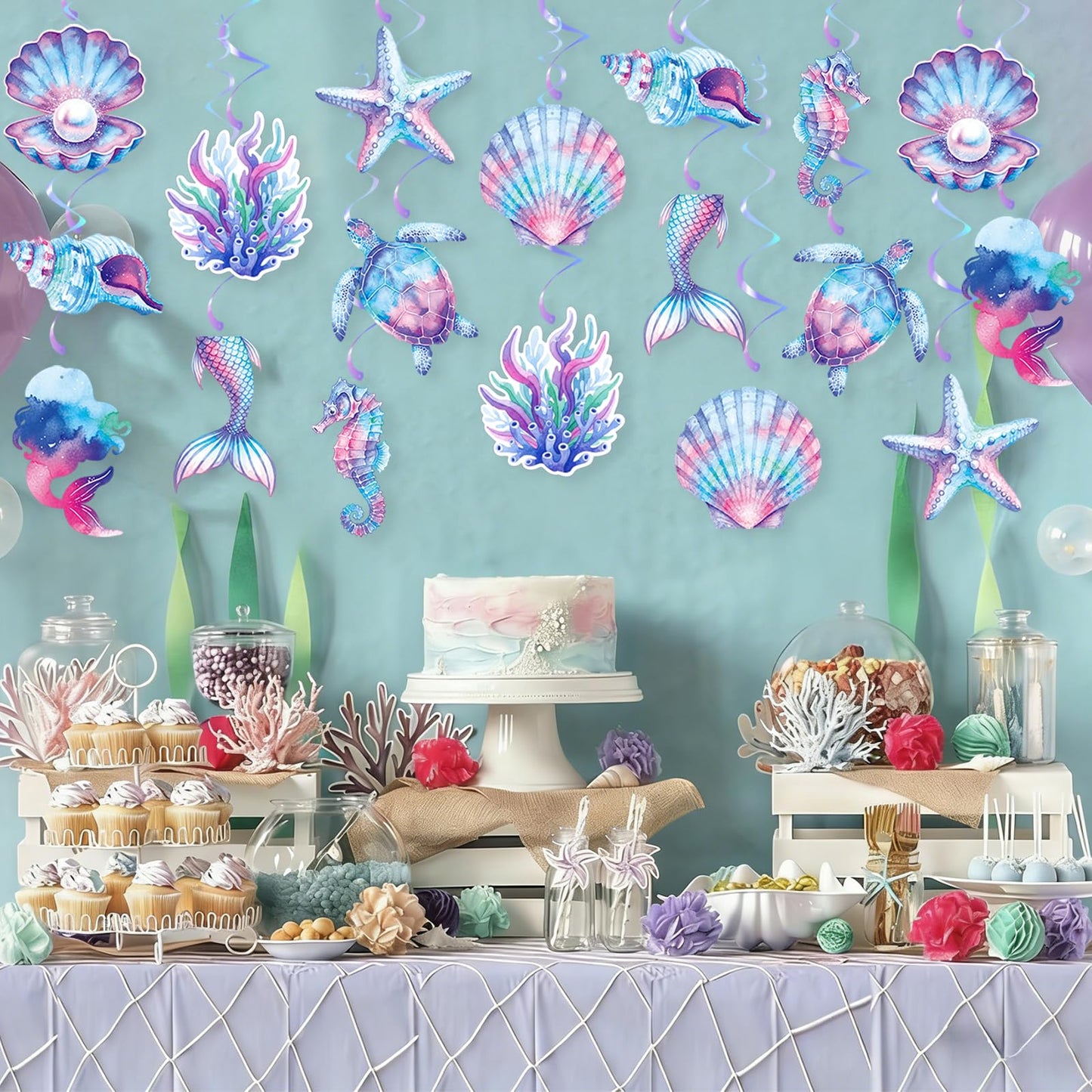 Mermaid Hanging Swirls, 36Pcs Mermaid Ceiling Streamers Sea Creature Hanging Decorations for Ocean Mermaids Theme Party Supplies