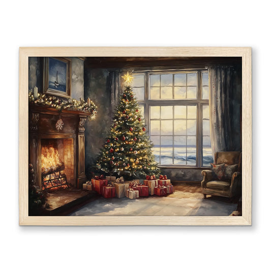 TIMUBA Christmas Framed Wall Art, Vintage Christmas Tree Canvas Art Print, Winter Pictures Holiday Wall Decor, Outside the Window Snow Scene Frame Painting Artwork for Home Bedroom Decor 12x16 Inches