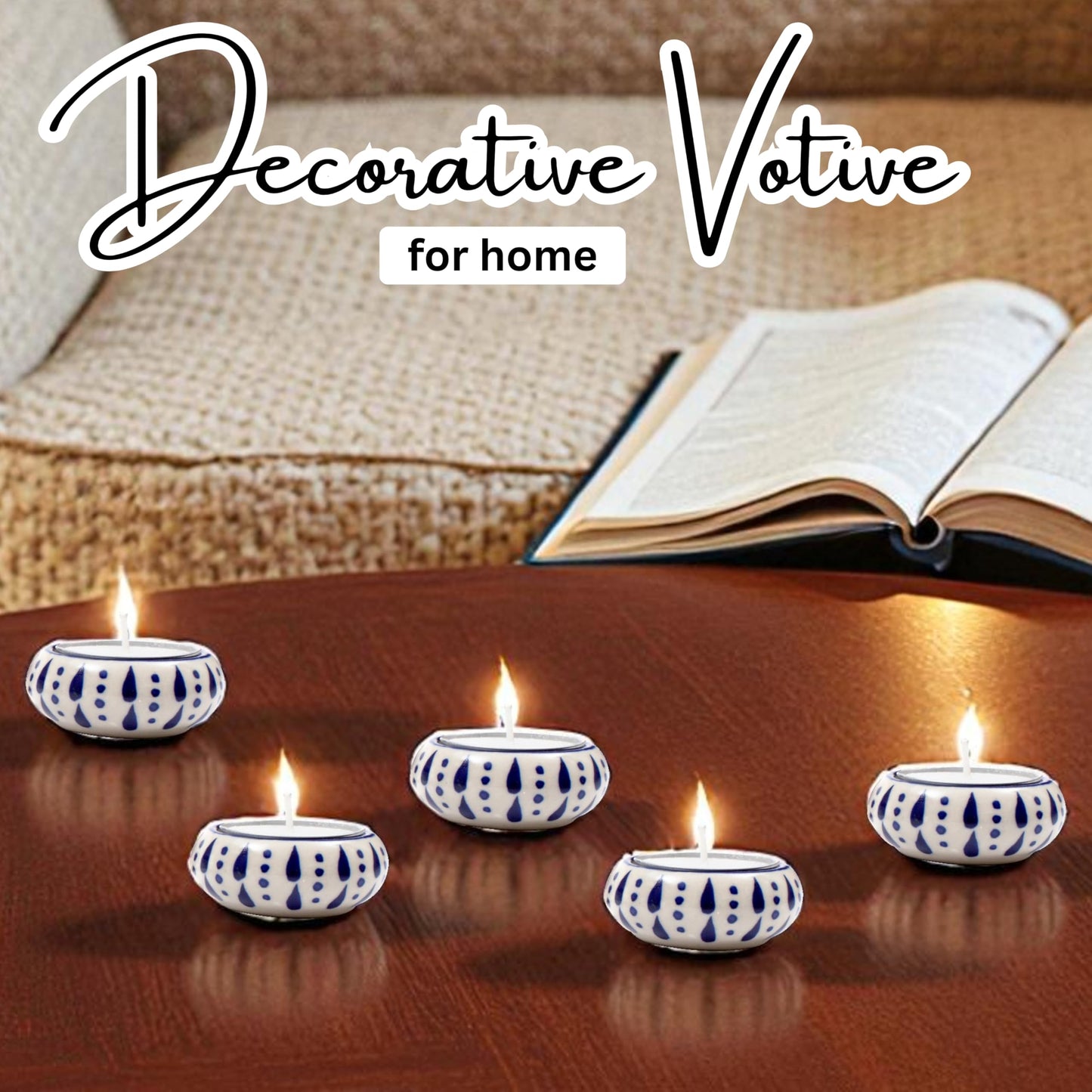 Ceramic Tealight Holder Set of 6 - Hand-Painted Candle Holders with Wax Tealights - Decorative Votive for Home, Party, Wedding, Festive & Gift Décor (White Blue) - ALPHA Living HOME