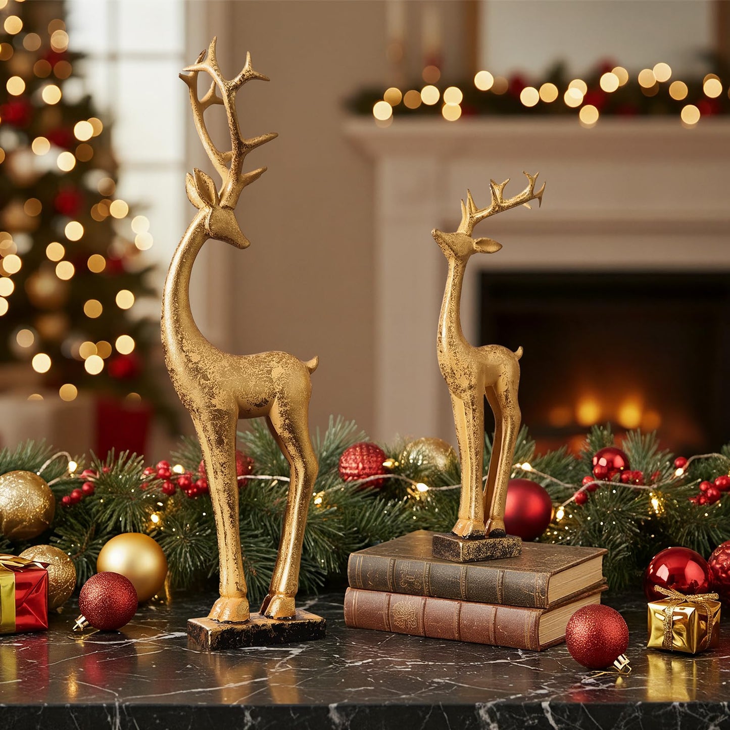 Pawliss Resin Christmas Table Decor: 2pcs Golden Christmas Reindeer Figurines Set, Luxury Glitter Tabletop Centerpiece Ornaments, Farmhouse Winter Holiday Home Office Mantel Decor Party Supplies Gifts