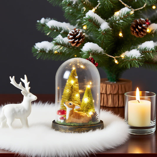 SunArtHome Christmas Decorations Indoor, Light Up Christmas Decor, Christmas Tree, Deer, Mushroom in Plastic Dome Cloche, Miniature Decor for Holiday Party Family Table Decoration