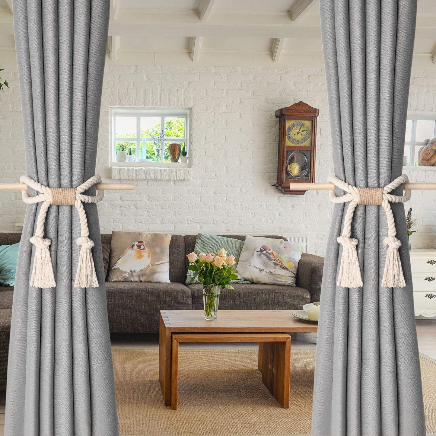 NICEEC 2 Pack Natural Cotton Rope Curtain Tiebacks Boho Rustic Style Decorative Drape Tie Backs Farmhouse Hand-Woven Rope Curtain Holdbacks with Wood Club for Home & Office Drapery (Cotton knot-Beige)
