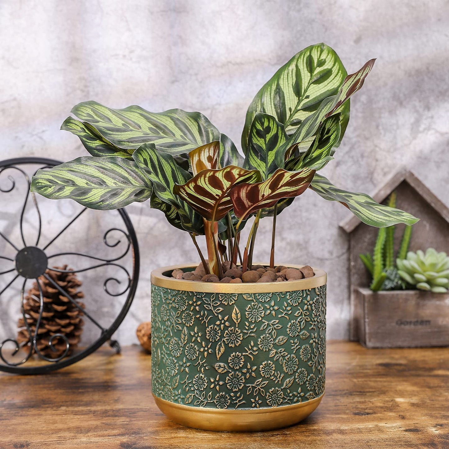 Ten-stone 6 +4.4 Inch Cement Planter Decorative Pots with Drainage Hole for All House Plants, Succulents, Flowers, and Cactus (Green)