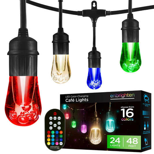 Enbrighten Vintage Outdoor String Lights, 48ft, 24 RGB Acrylic Bulbs, Weatherproof, RF Remote Control, Perfect for Holidays, Gameday, Parties, and More, 37790