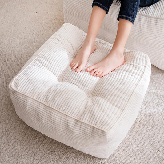 HIGOGOGO Square Stuffed Pouf Ottoman, Corduroy Poufs with Foam Chunk Filling, Furry and Fluffy Pouf Foot Stool Storage Ottoman, 21 X 21 Floor Poufs Foot Rest for Living Room, Beige