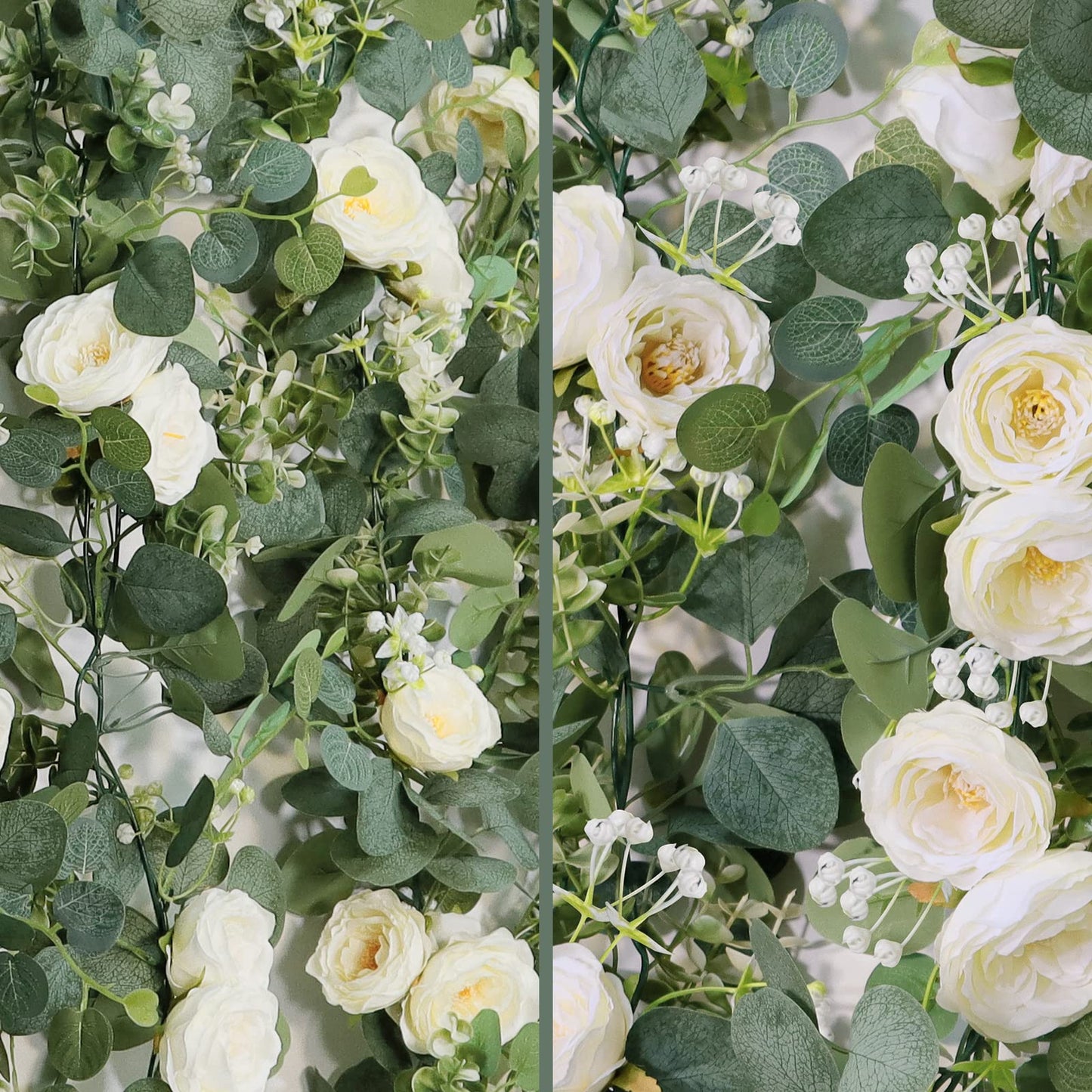 TOCHGREEN 2 Pack 13Ft Artificial Eucalyptus Flower Garland with White Roses, Fake Rose Flower Greenery Garland Floral Vines for Wedding Home Party Table Runner Decor (2PCS, White)