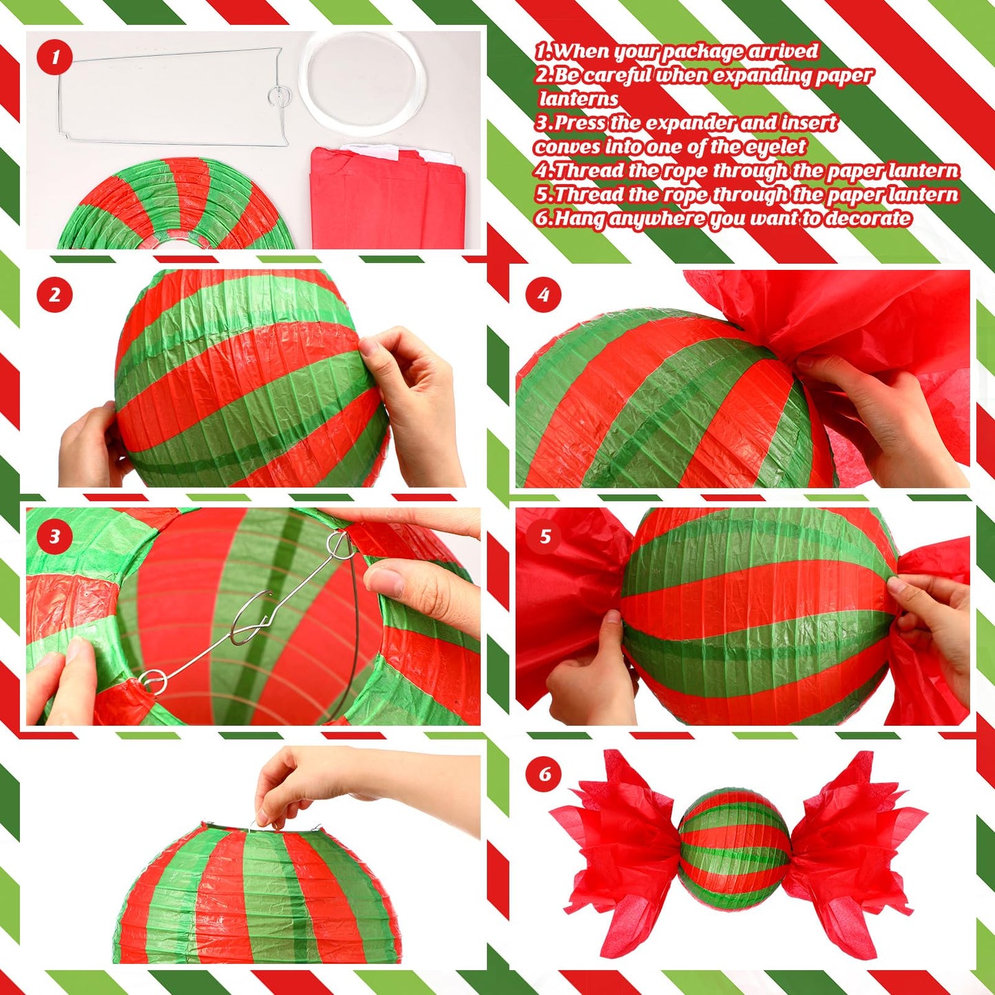 Riakrum 12 Pcs Christmas Candy Paper Lanterns 10 Inch Red Green White Christmas Hanging Paper Lantern Decorations Craft Sets for Xmas Party Supplies Indoor Outdoor Decor