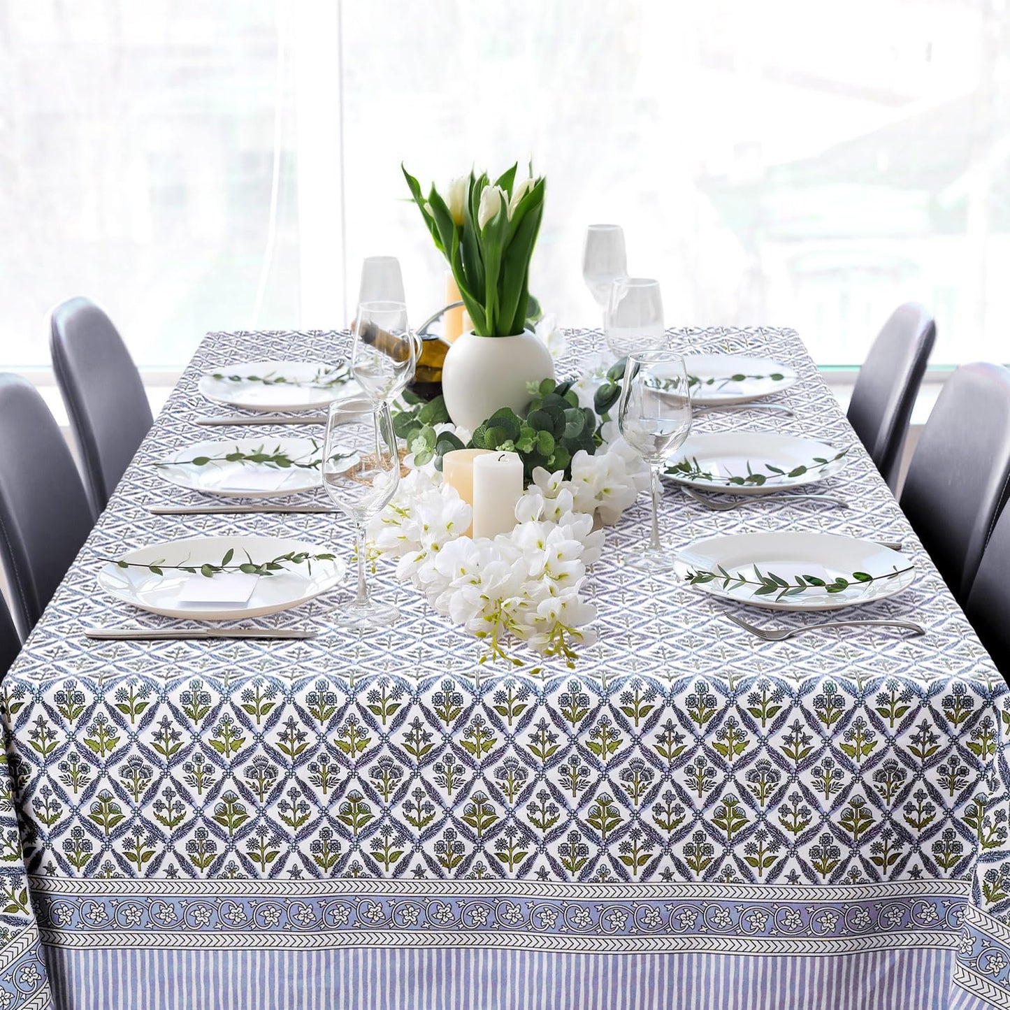Newtay 60'' x 90'' Cotton Tablecloth Handmade Cotton Floral Tablecloth Washable Print Rectangle Table Cover with Dust Proof Wrinkle Resistant for Kitchen Dining Party Buffe(Light Steel, Blue)