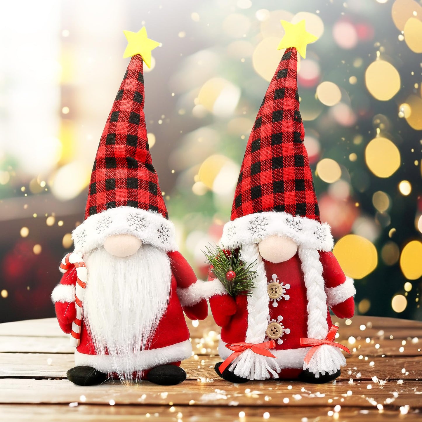 Lovinland Christmas Gnomes Plush Couple with Red Buffalo Check - Xmas Gnomes Elf Tomte Ornaments Doll - Christmas Decorations - Xmas Decorations for Home, Indoor, Office