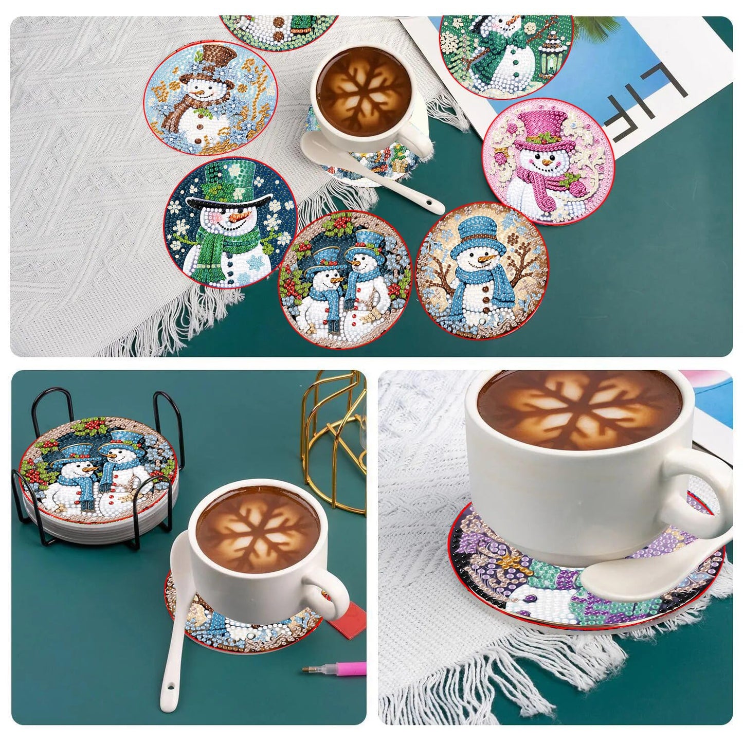 Apcufir 8 Pcs Christmas Diamond Painting Coasters Kits with Holder,DIY Snowman Diamond Art Coaster Kits for Adults & Kids,Paint with Diamonds Coasters Craft Supplies for Holiday Decor Gifts