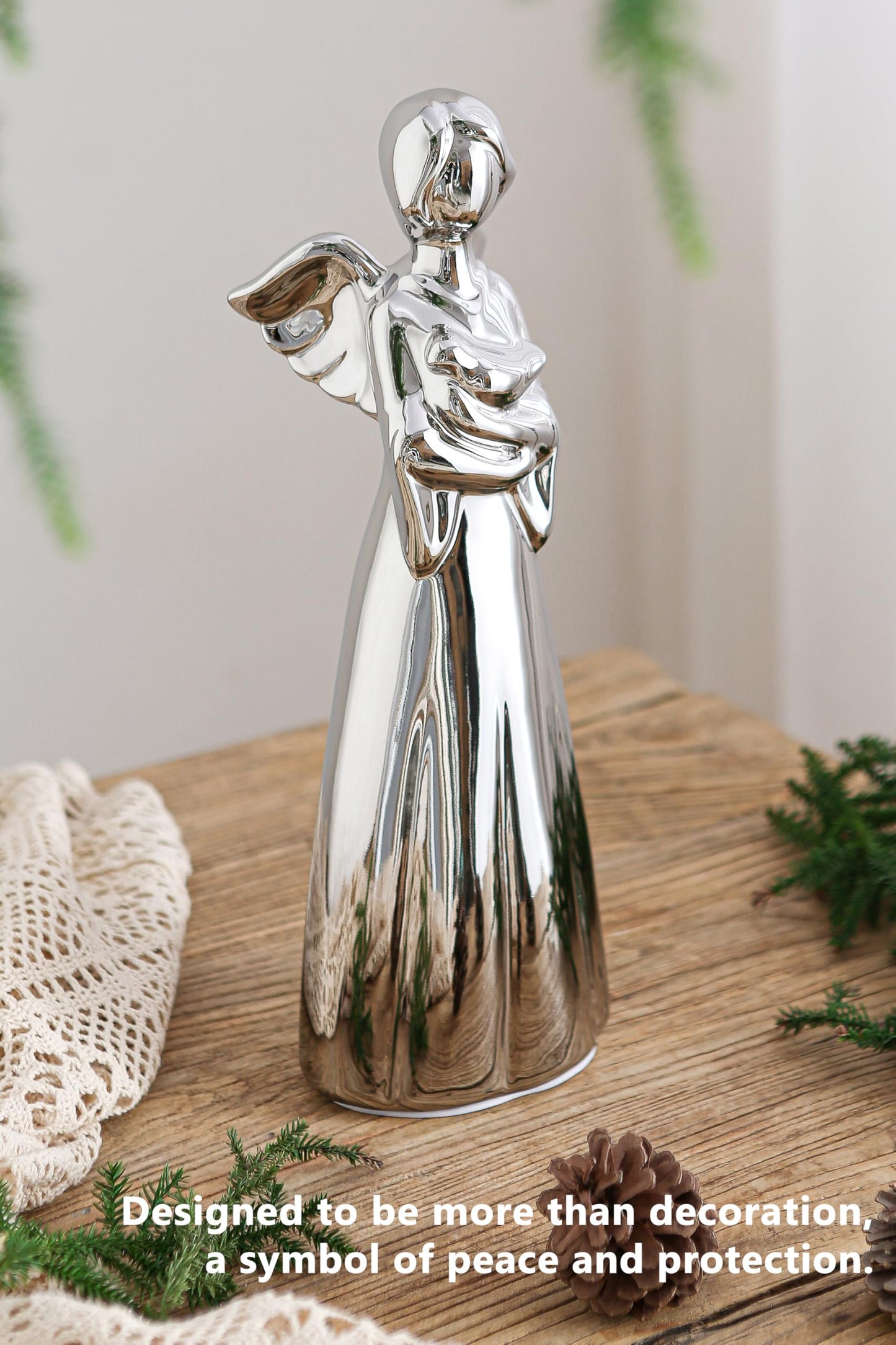 SURE YUESI for Mom from Daughter Son Kids- Statue Sculptures 13.8 Inch Ceramic Angel Figurine, Home Decor for Bedroom, Bathroom, Entryway, Bookshelf, Fireplace, TV Stand, Console Table- Silver