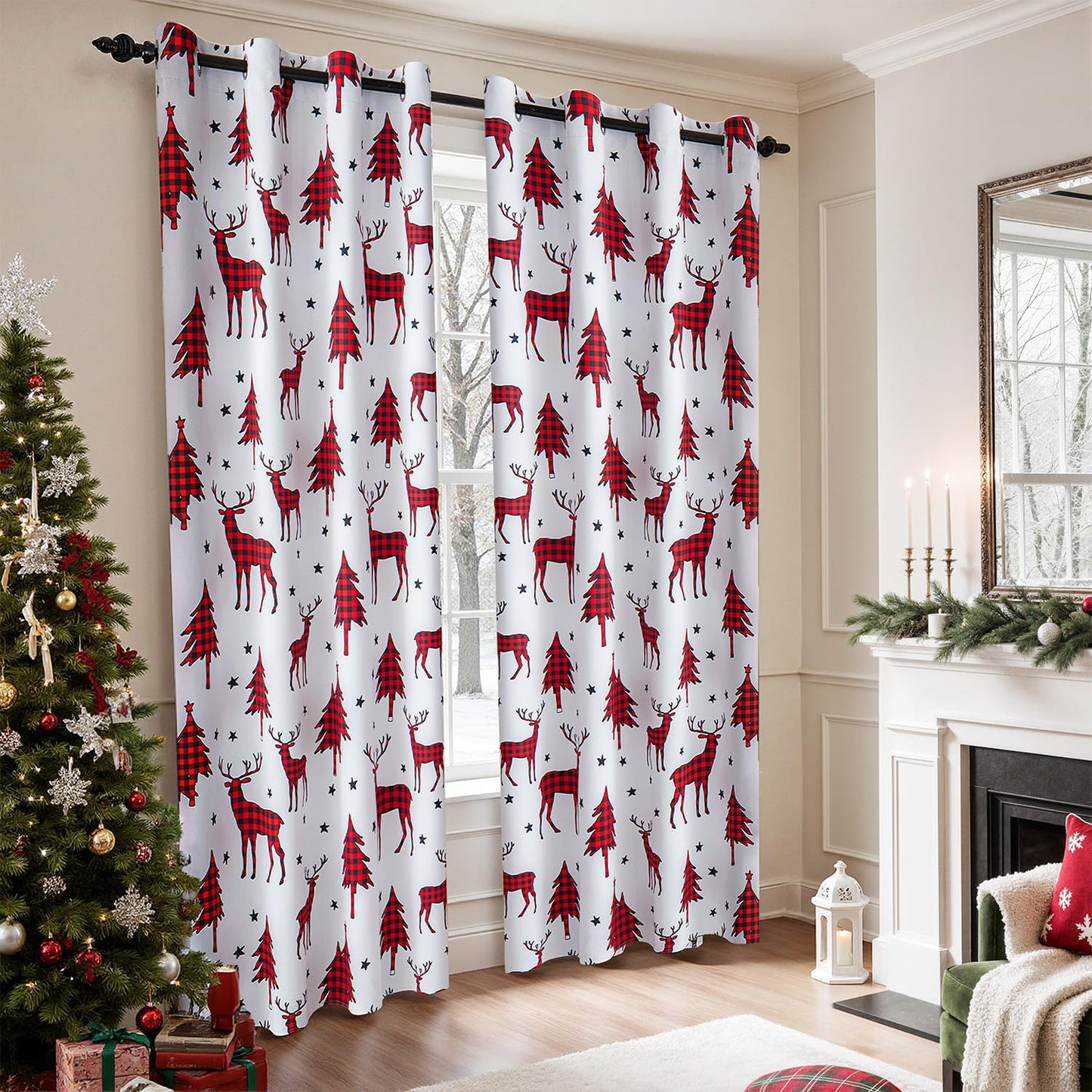 EMEMA Christmas Buffalo Plaid Curtains Reindeer Checkered Grommet Window Curtain Panels for Living Room Bedroom Decorative Window Treatment Curtains, 2 Panels, 52 x 84 Inch, Red and Black