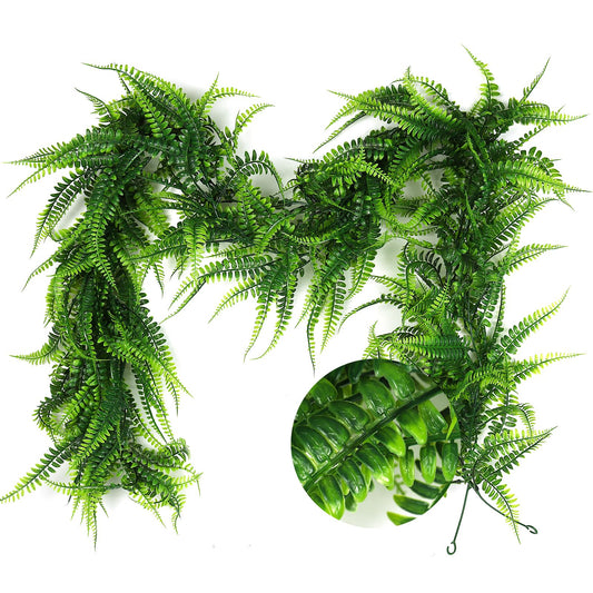 RECUTMS 2pcs Artificial Hanging Boston Ferns Garland Fake Hanging Plant 6 FT Greenery Leaves Ivy Garland Faux Ferns Fake Vines for Spring Outdoor Indoor Home Garden Party Wall Easter Decor