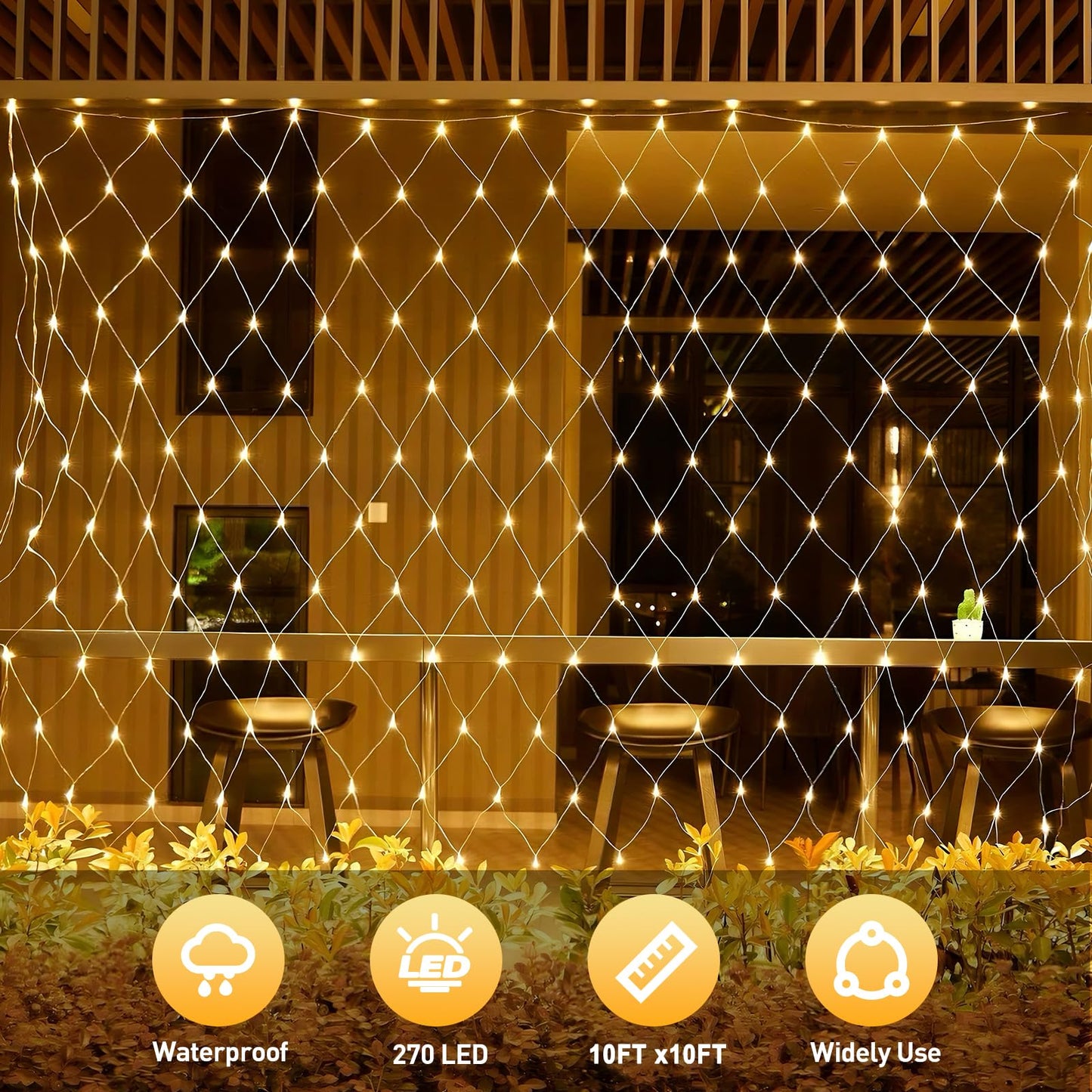 Leisure world 10ft x 10ft 270 LED Net Lights Mesh Fairy String Decorative Outdoor Warm White 8 Modes Net with Remote, Timer for Wedding Christmas Trees, Bushes, Garden, Outdoor Decorations