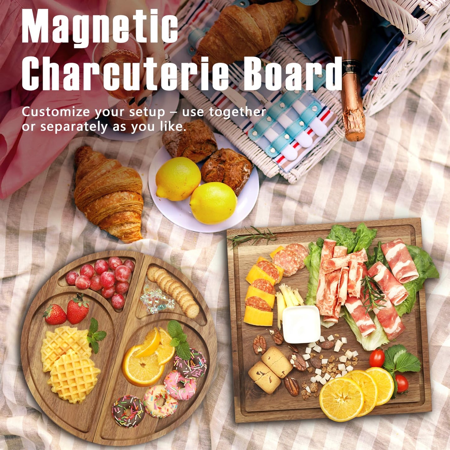 Extra Large Magnetic Charcuterie Board Cheese Board Gift Set 3 Part Square & Round & Heart Shaped Acacia Wood Charcuterie Cheese Boards Wooden Tray Serving Board Platter for Valentine