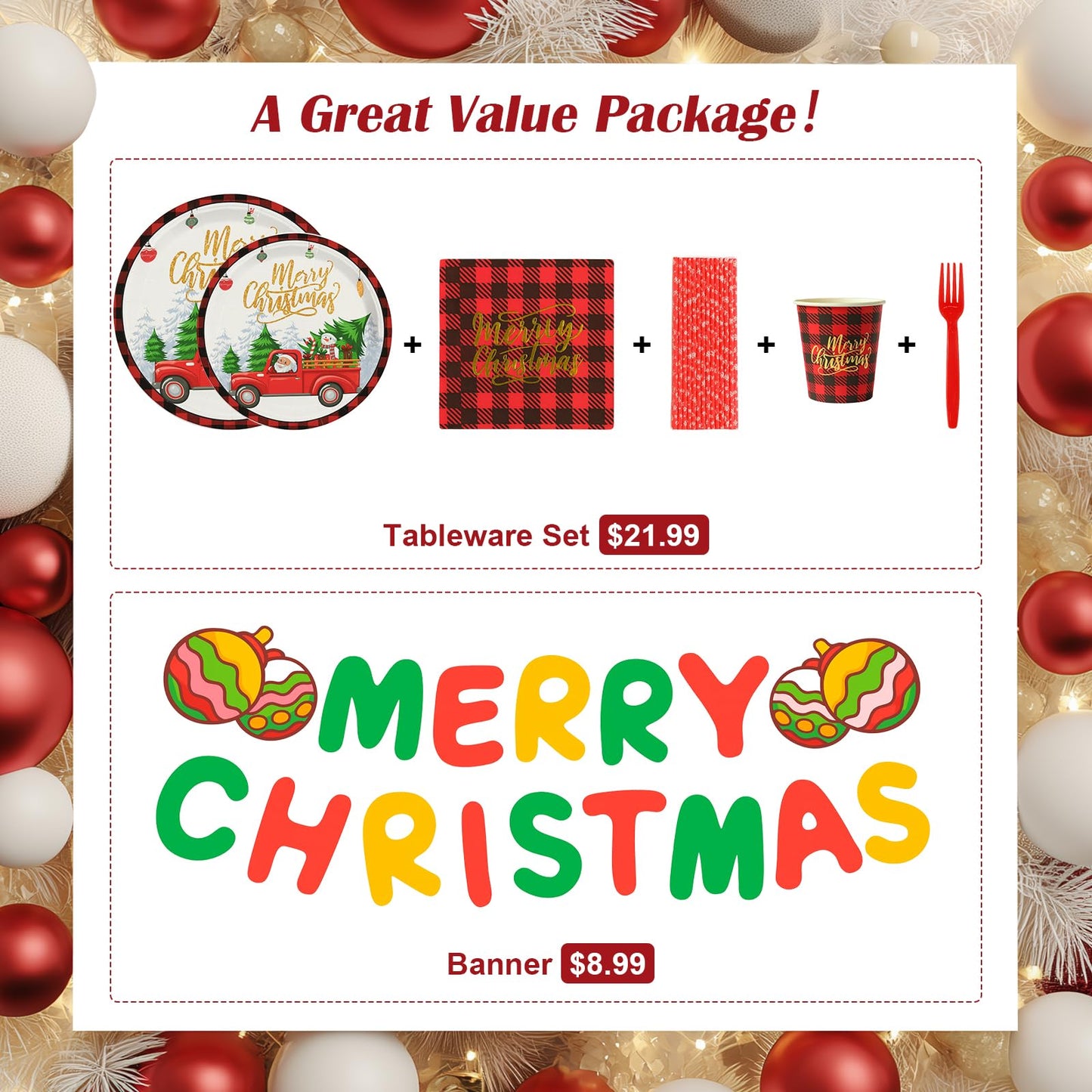 TOTOMA Christmas Party Decorations Paper Plates & Napkins 25 Guest, Disposable Plates Set, Holiday Paper Plates, Napkins, Cups with Golden Print, Santa Driving Pattern, Straws, Banner for Christmas