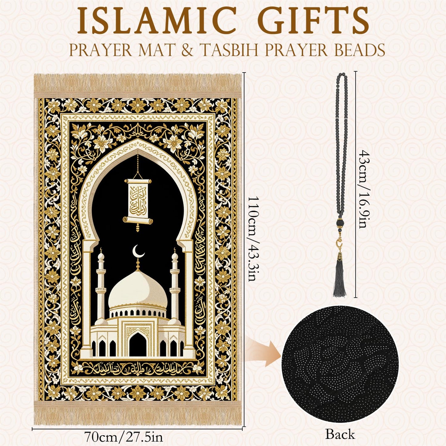 Prayer Mat Beads Ramadan Gifts - Thick Muslim Prayer Rug Islamic Tasbih Black Prayer Beads, Islamic Praying Mat Carpet for Namaz Salah Meditation Eid Decorations for Home